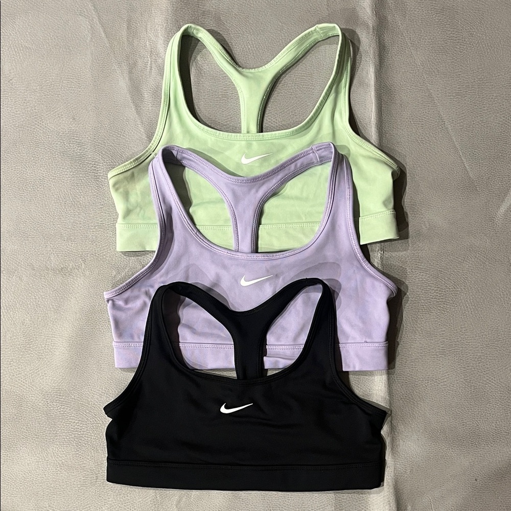 NWOT Nike Swoosh Dri-Fit Sports Bra Trio - Black, Purple, Green (non padded )